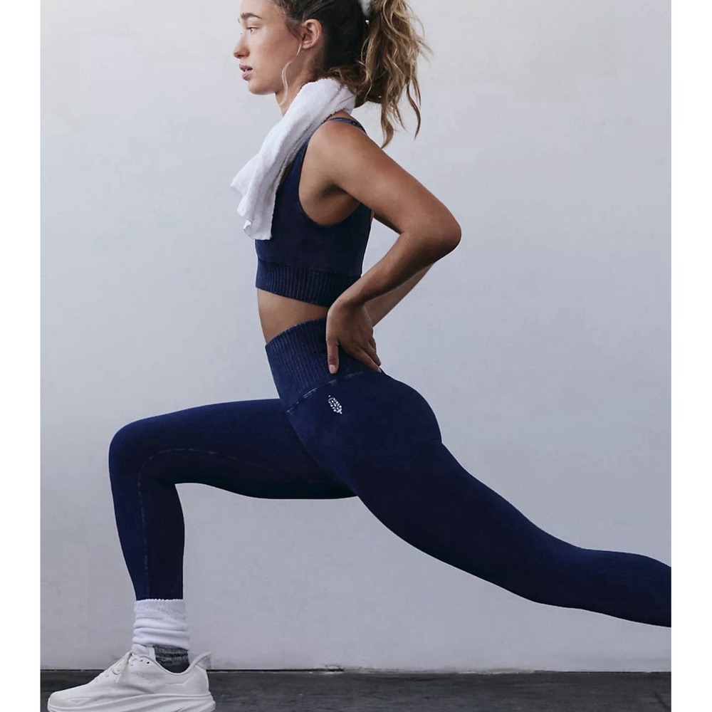 Free People New FP Movement Good Karma Deep Navy Blue Sports Bra Leggings Set